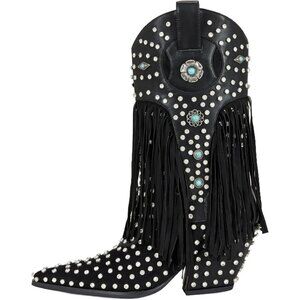 Fringe Rhinestone Embellishments Mid Calf Cowgirl Boots Turquoise Flower